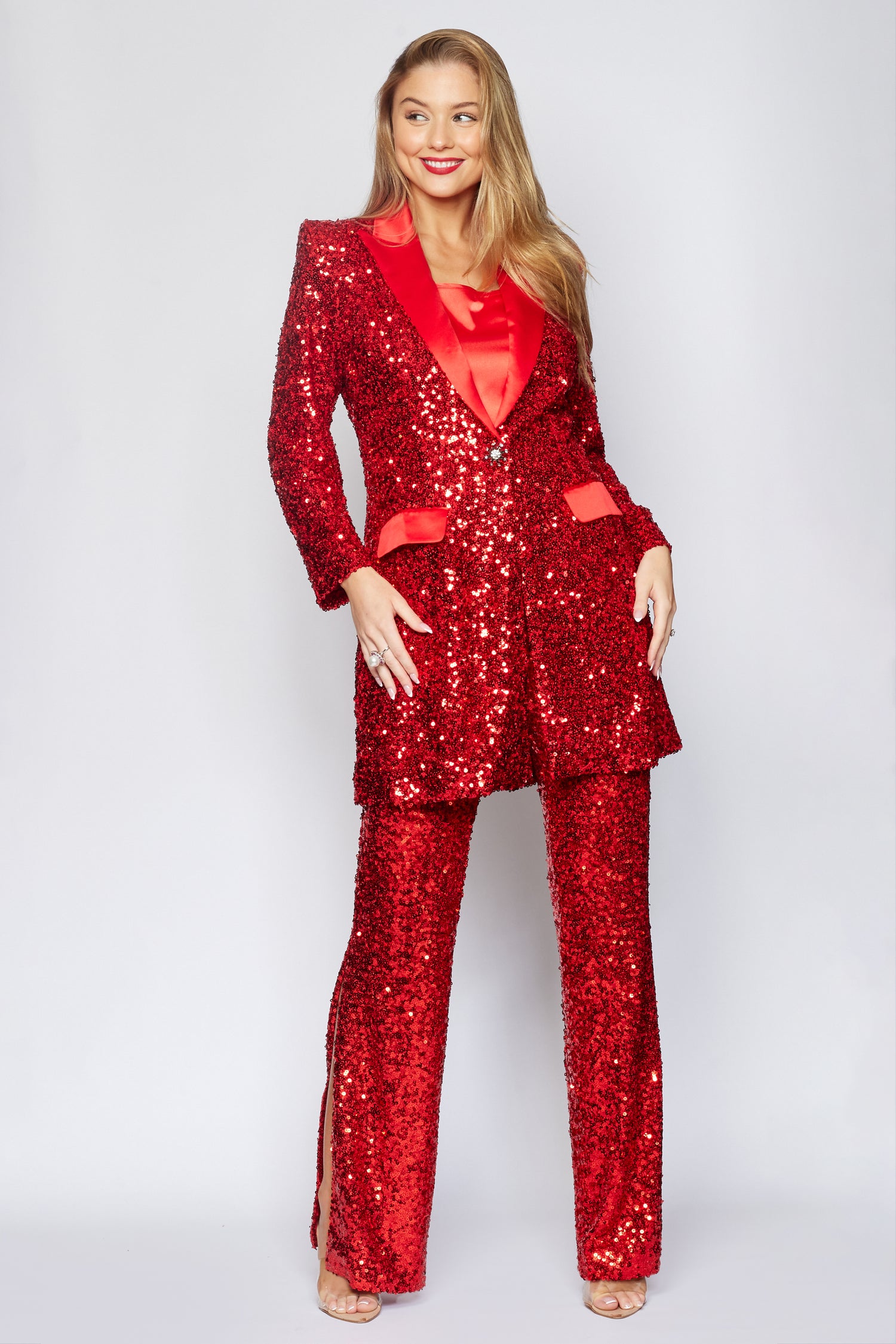 Red Sequin Tux Jacket Longline Jacket