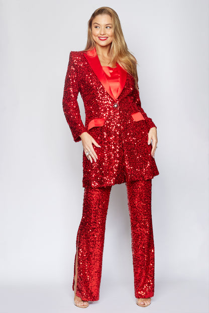 Red Sequin Tux Jacket Longline Jacket