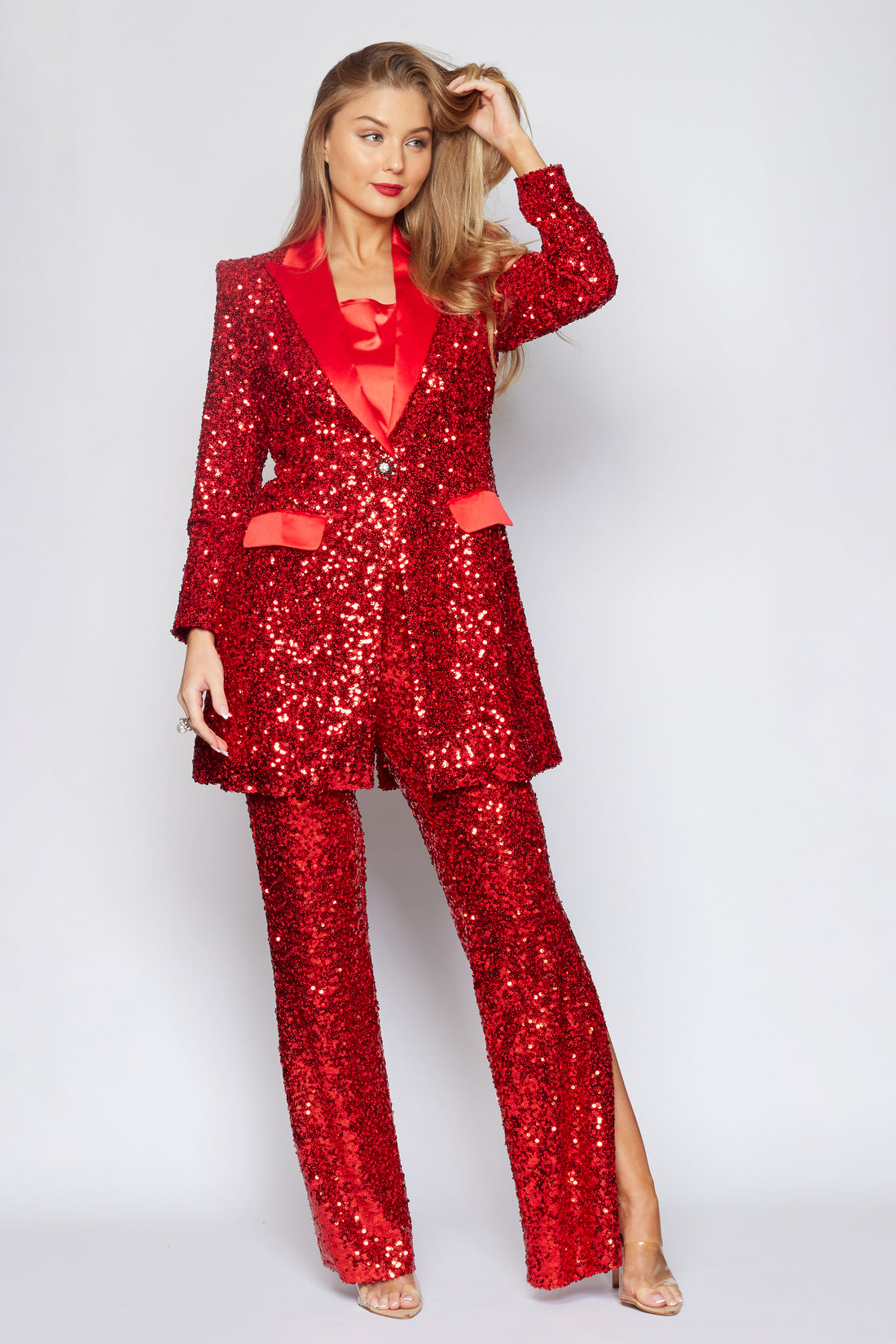 Red Sequin Tux Jacket Longline Jacket