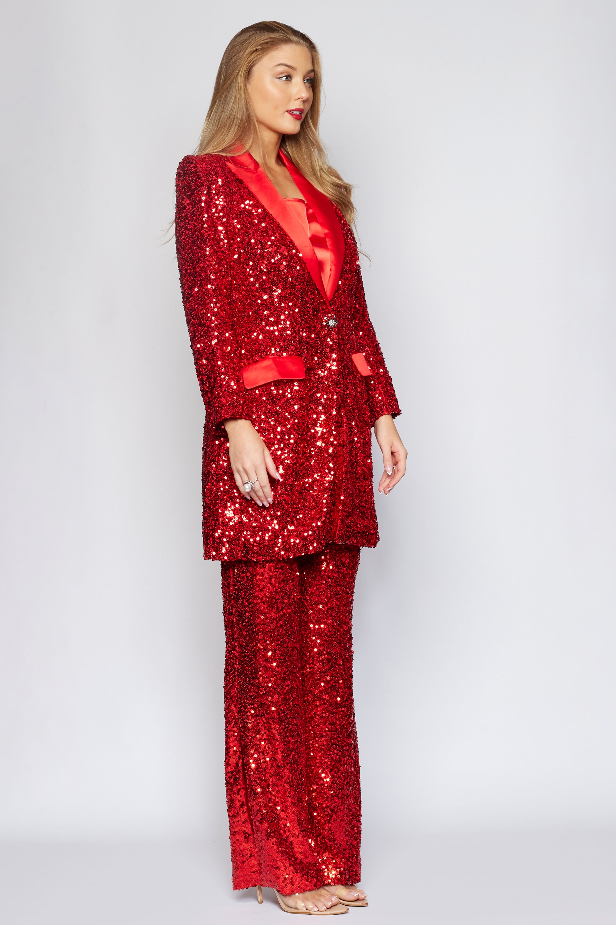 Red Sequin Tux Jacket Longline Jacket