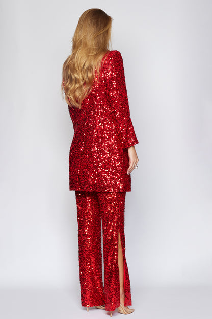 Red Sequin Tux Jacket Longline Jacket