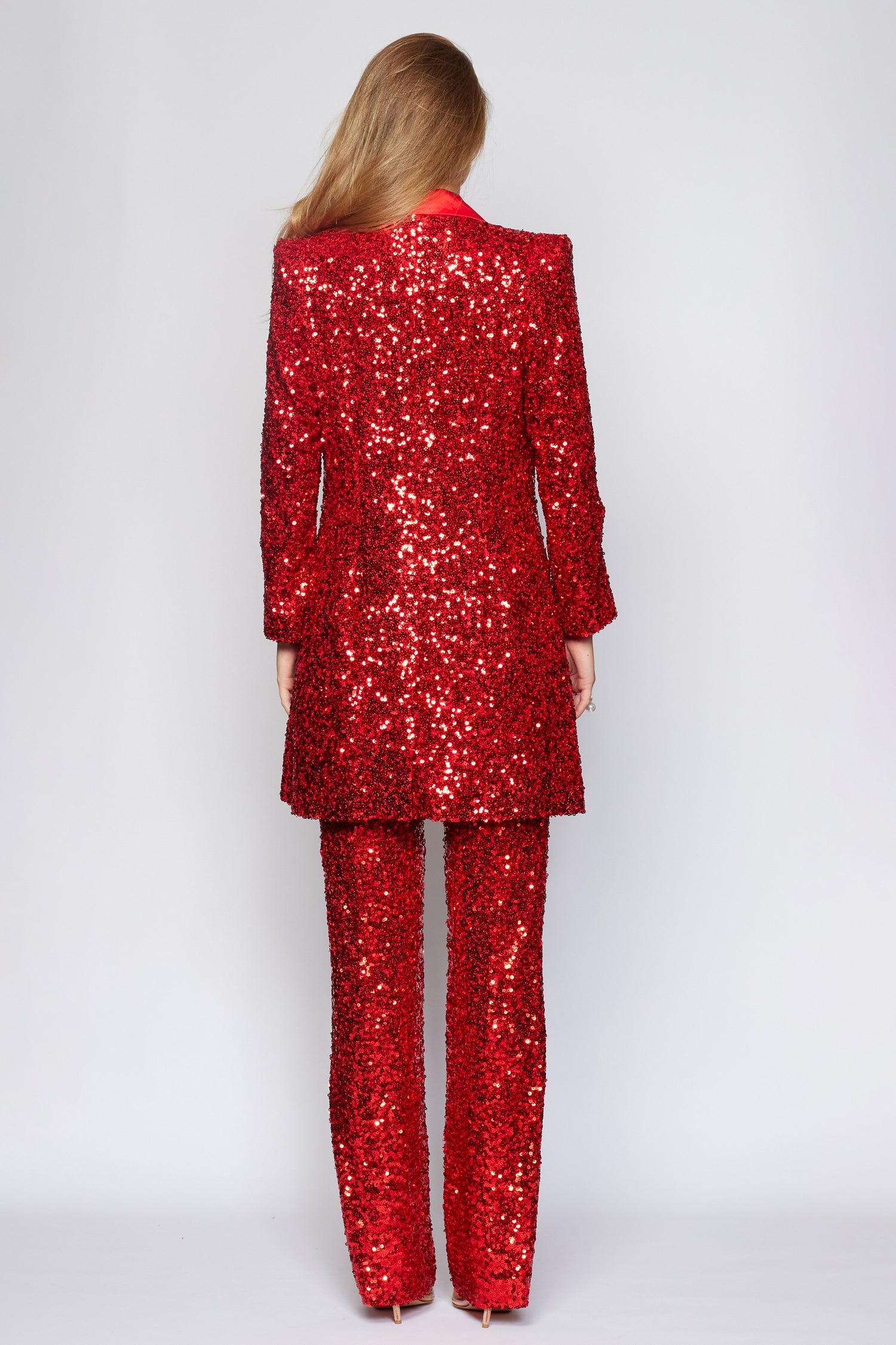 Red Sequin Tux Jacket Longline Jacket