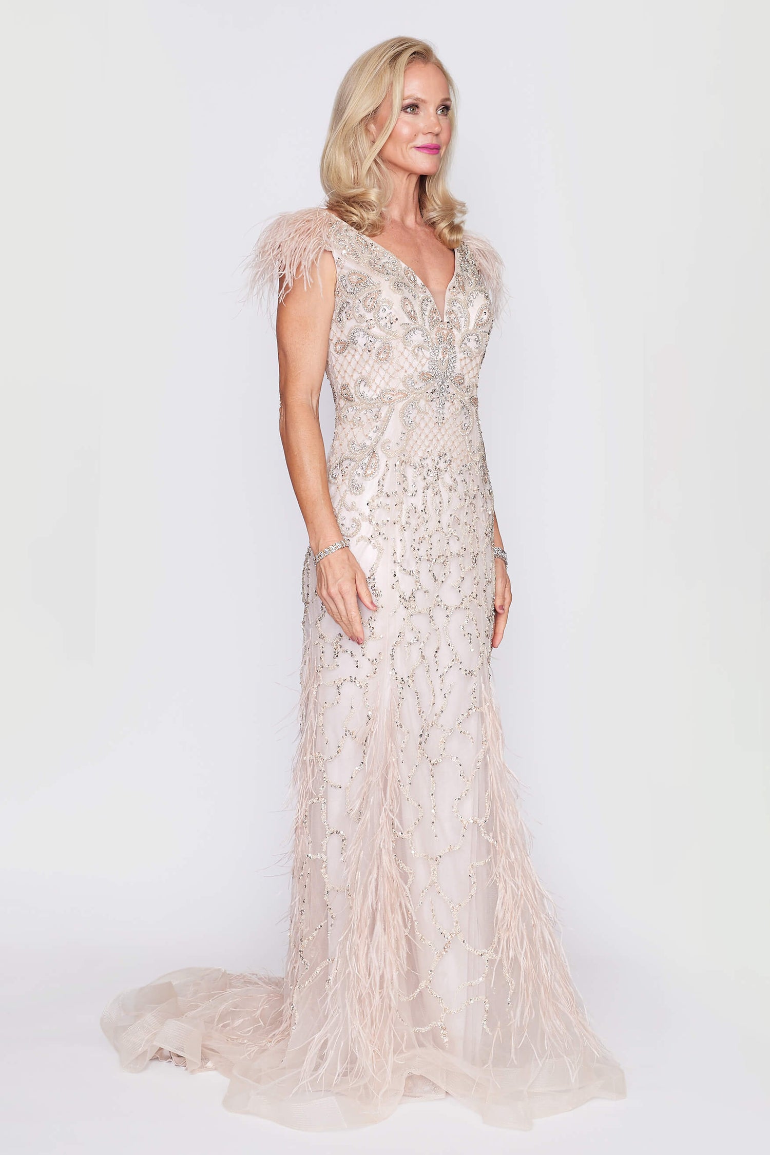 Campagne Beaded Feather Gown with Train