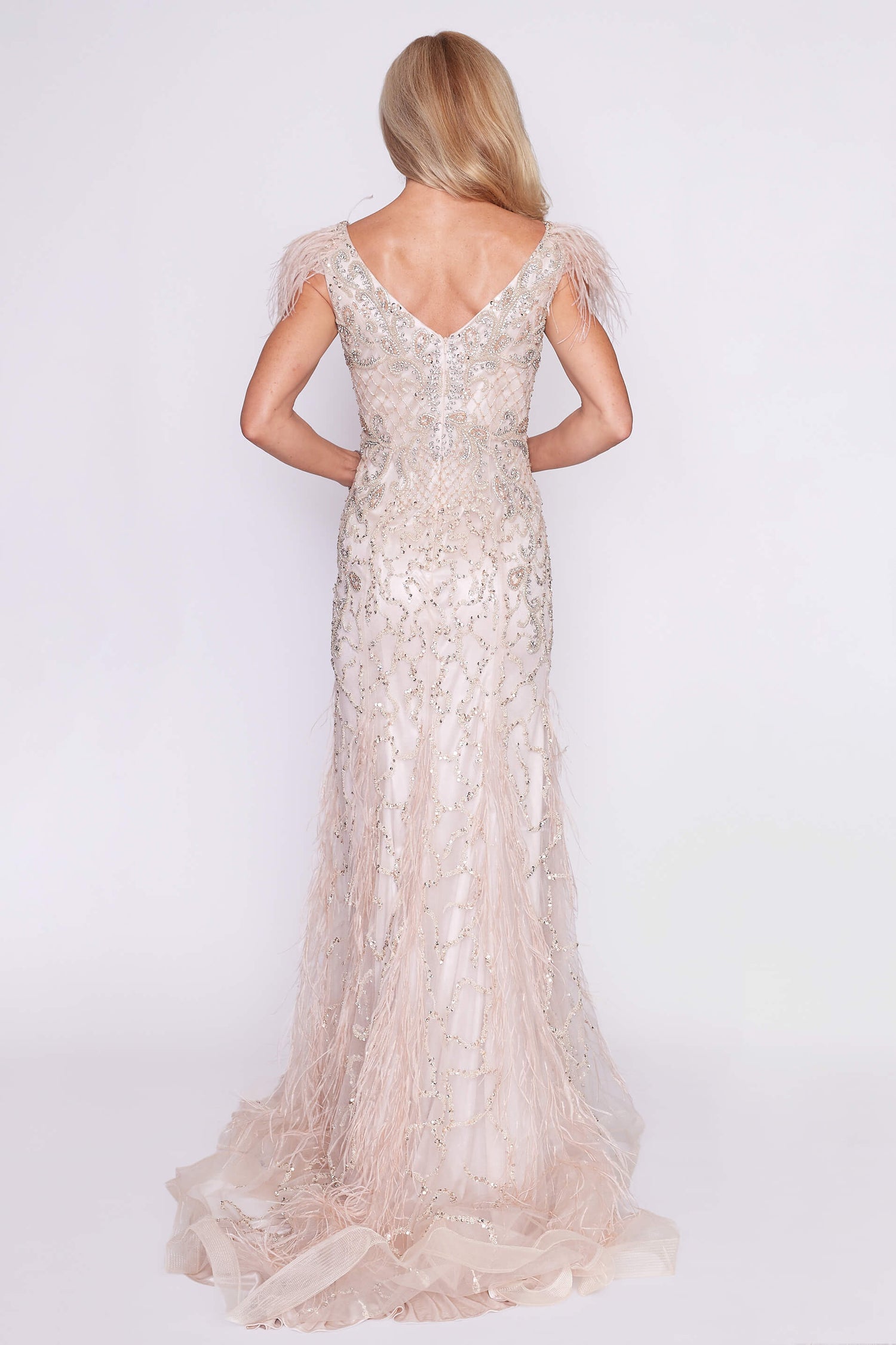 Campagne Beaded Feather Gown with Train