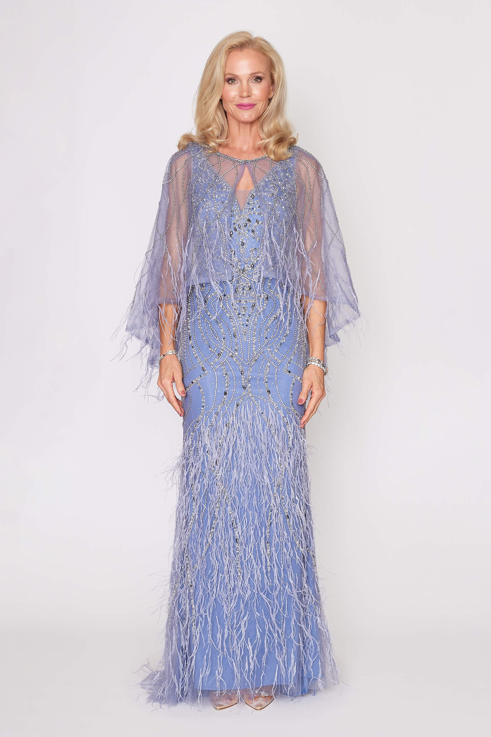 Wedgewood Blue Beaded Tulle Long Dress with Train &amp; Matching Removable Cape
