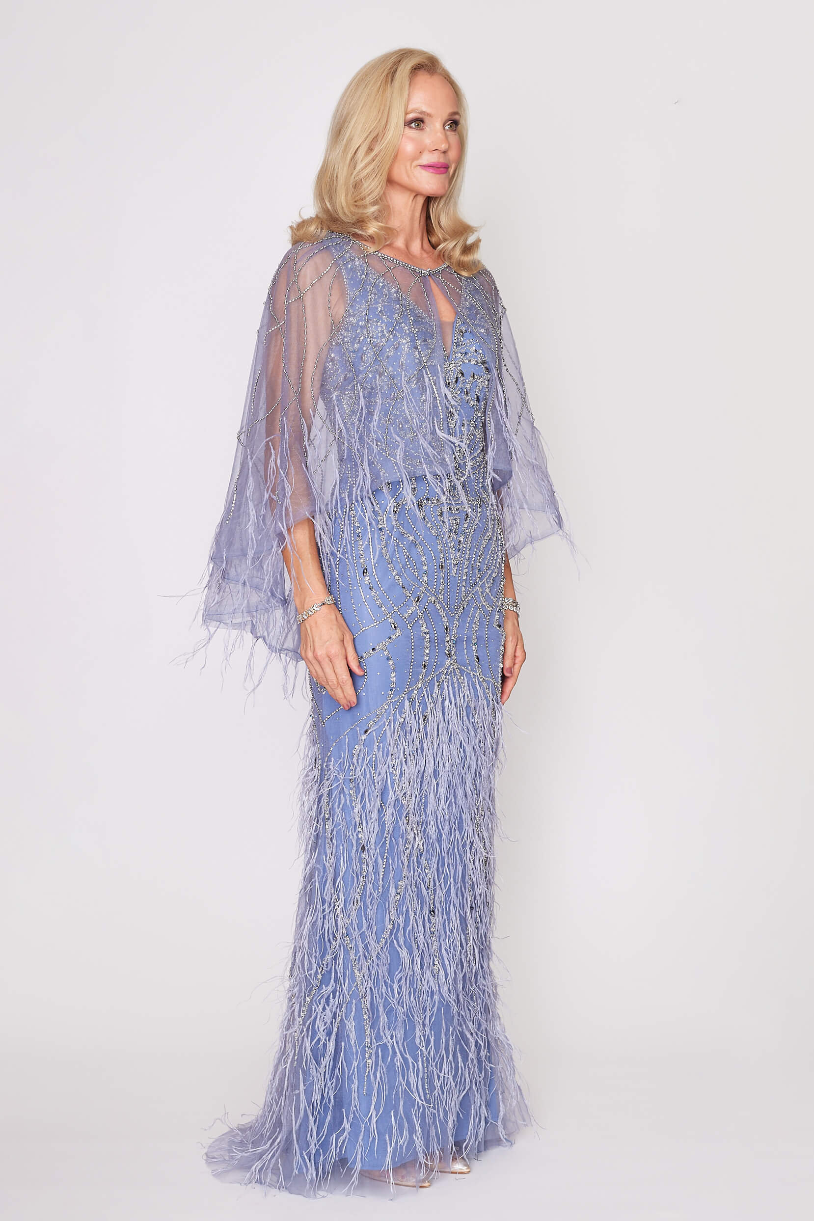 Wedgewood Blue Beaded Tulle Long Dress with Train &amp; Matching Removable Cape