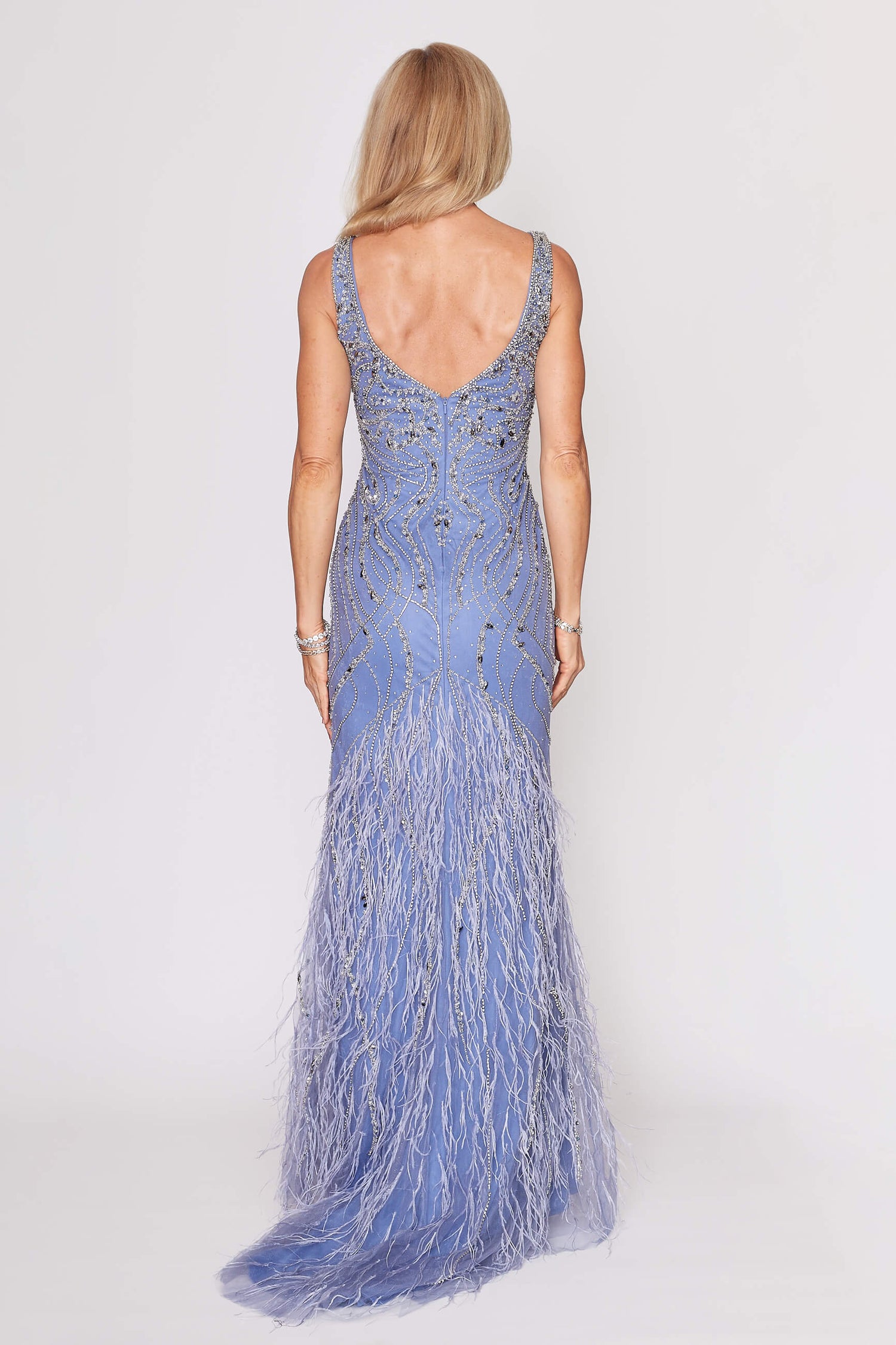 Wedgewood Blue Beaded Tulle Long Dress with Train &amp; Matching Removable Cape