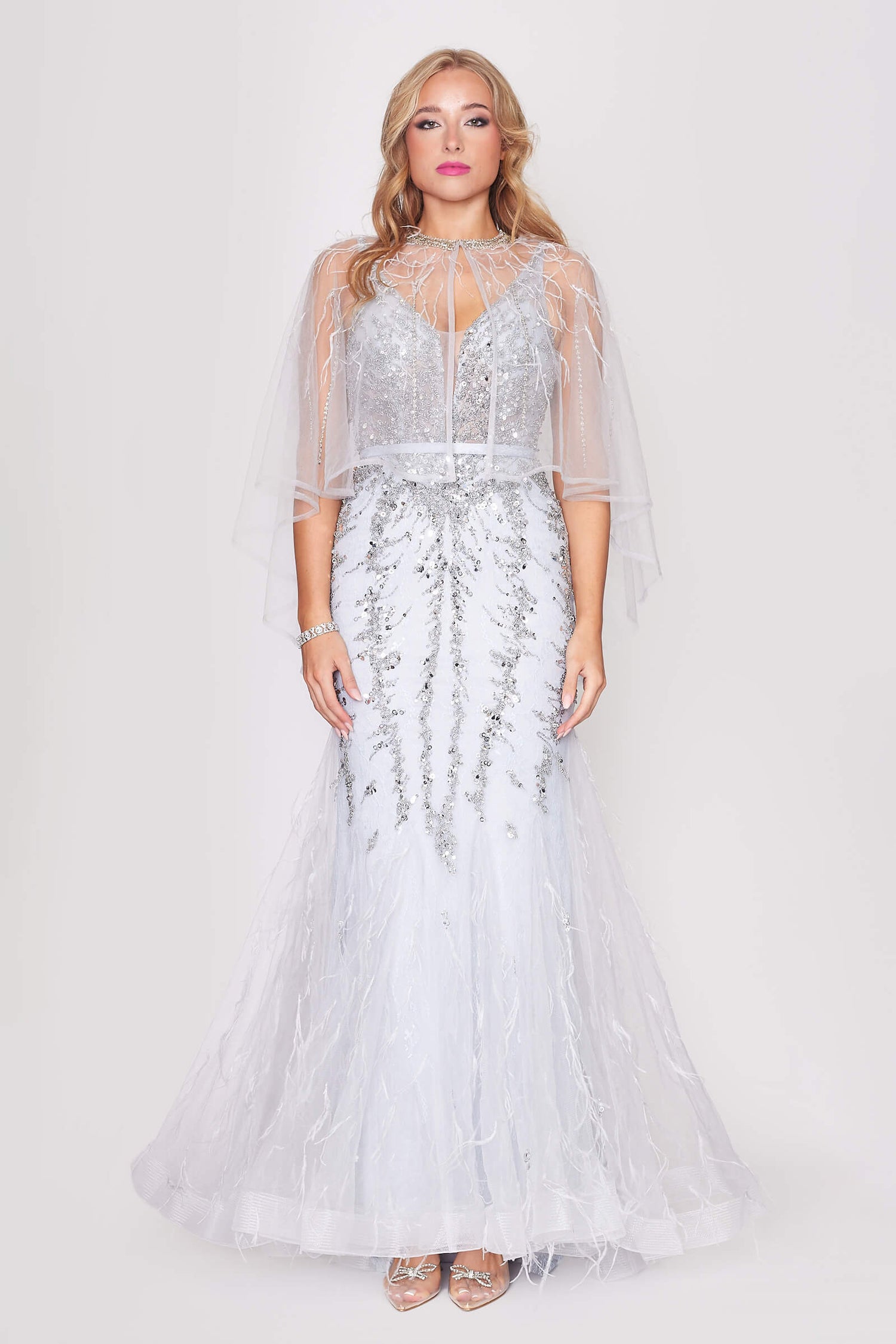 Silver Backless Beaded Tulle Dress with Detachable Cape