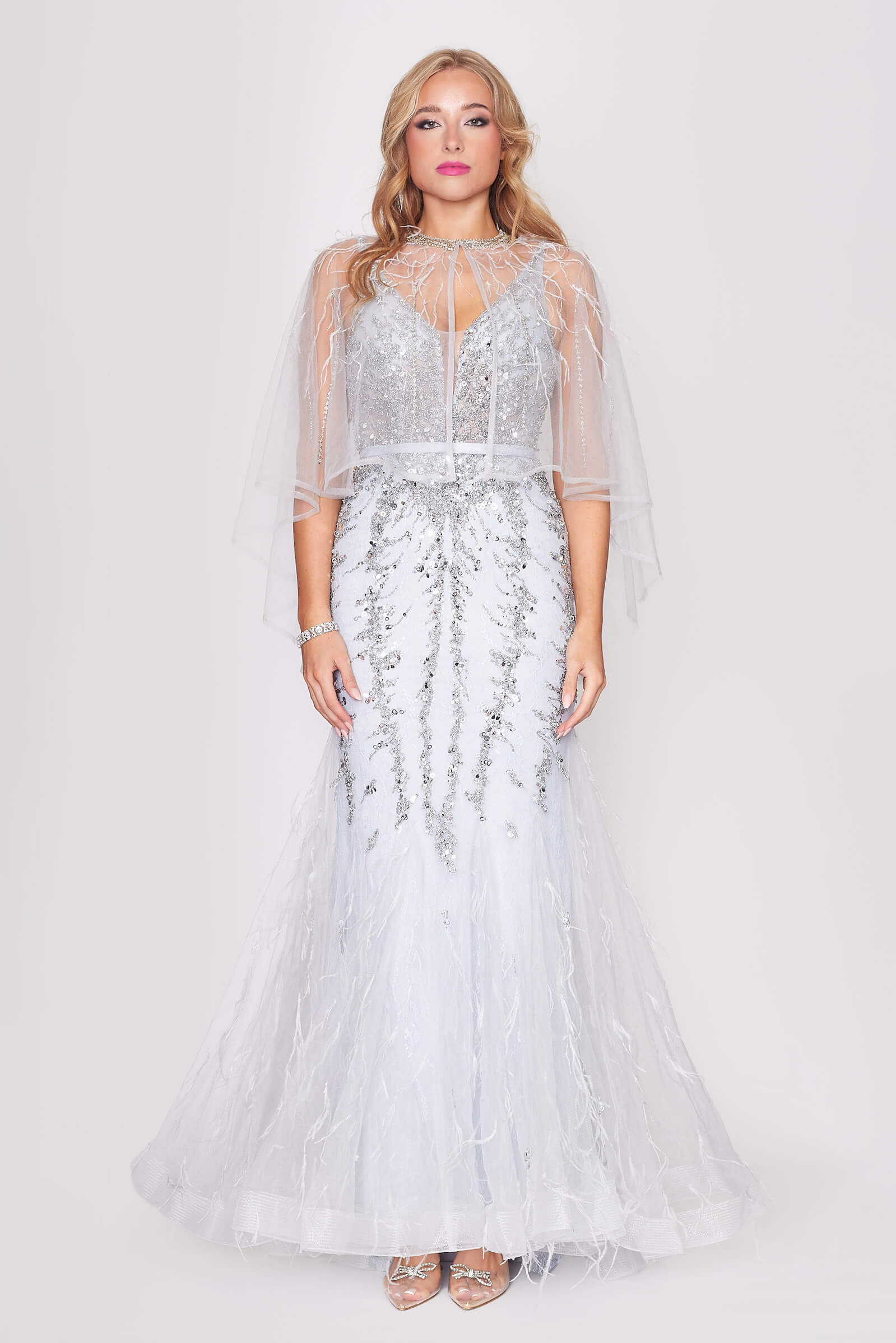 Silver Backless Beaded Tulle Dress with Detachable Cape