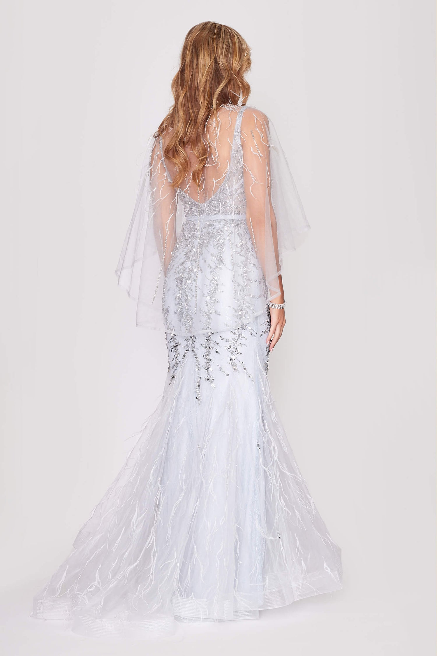 Silver Backless Beaded Tulle Dress with Detachable Cape