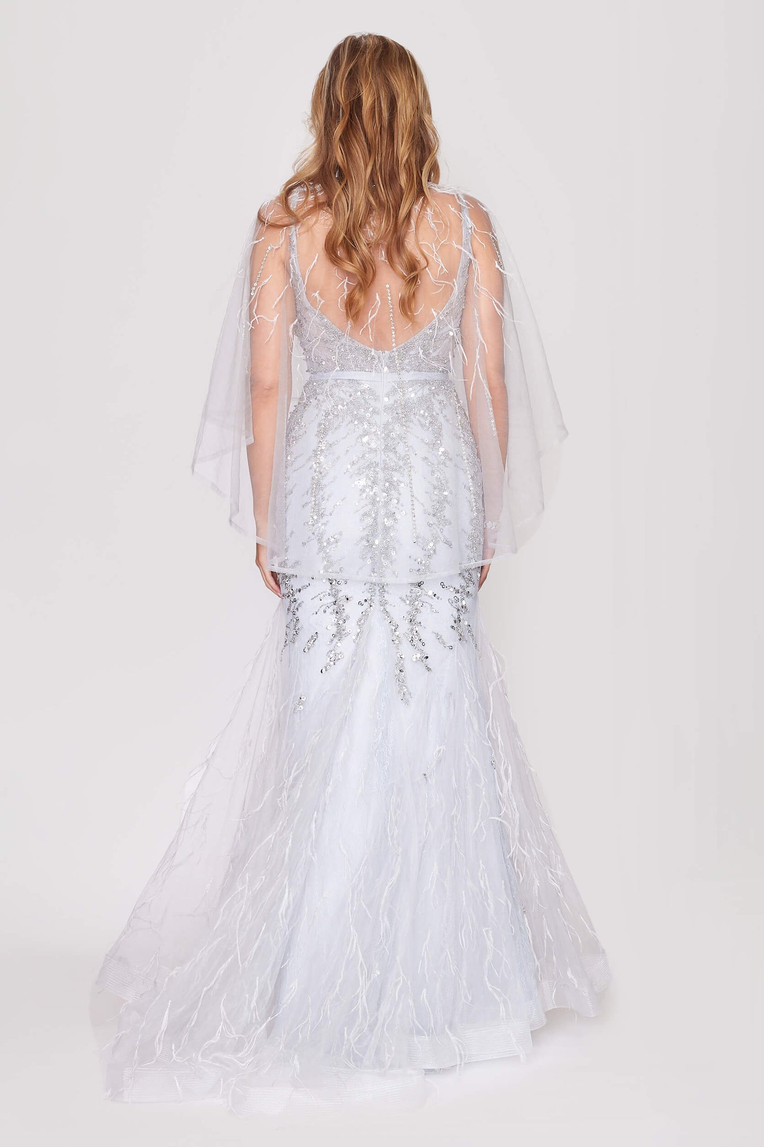 Silver Backless Beaded Tulle Dress with Detachable Cape