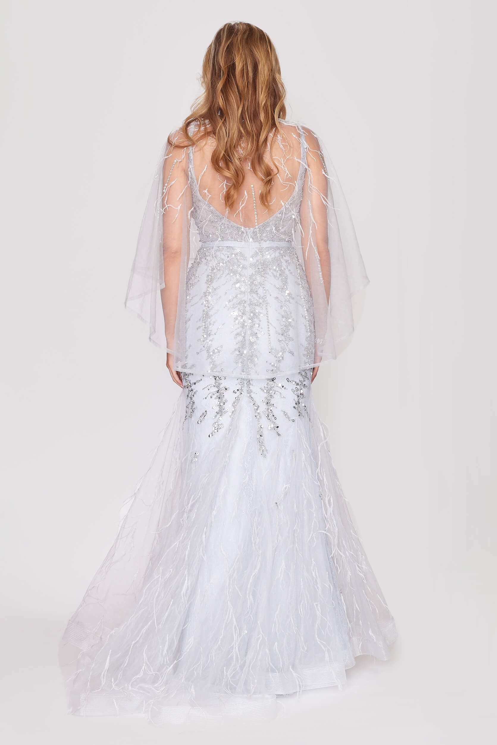 Silver Backless Beaded Tulle Dress with Detachable Cape