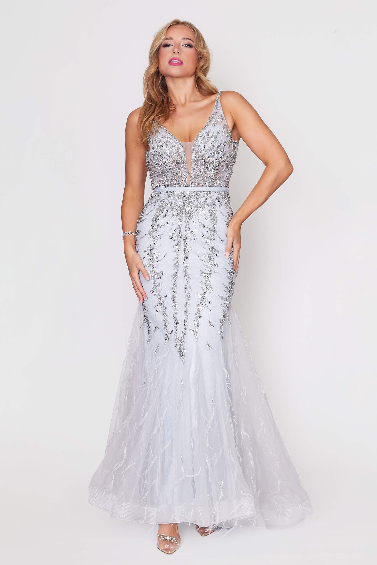 Silver Backless Beaded Tulle Dress with Detachable Cape