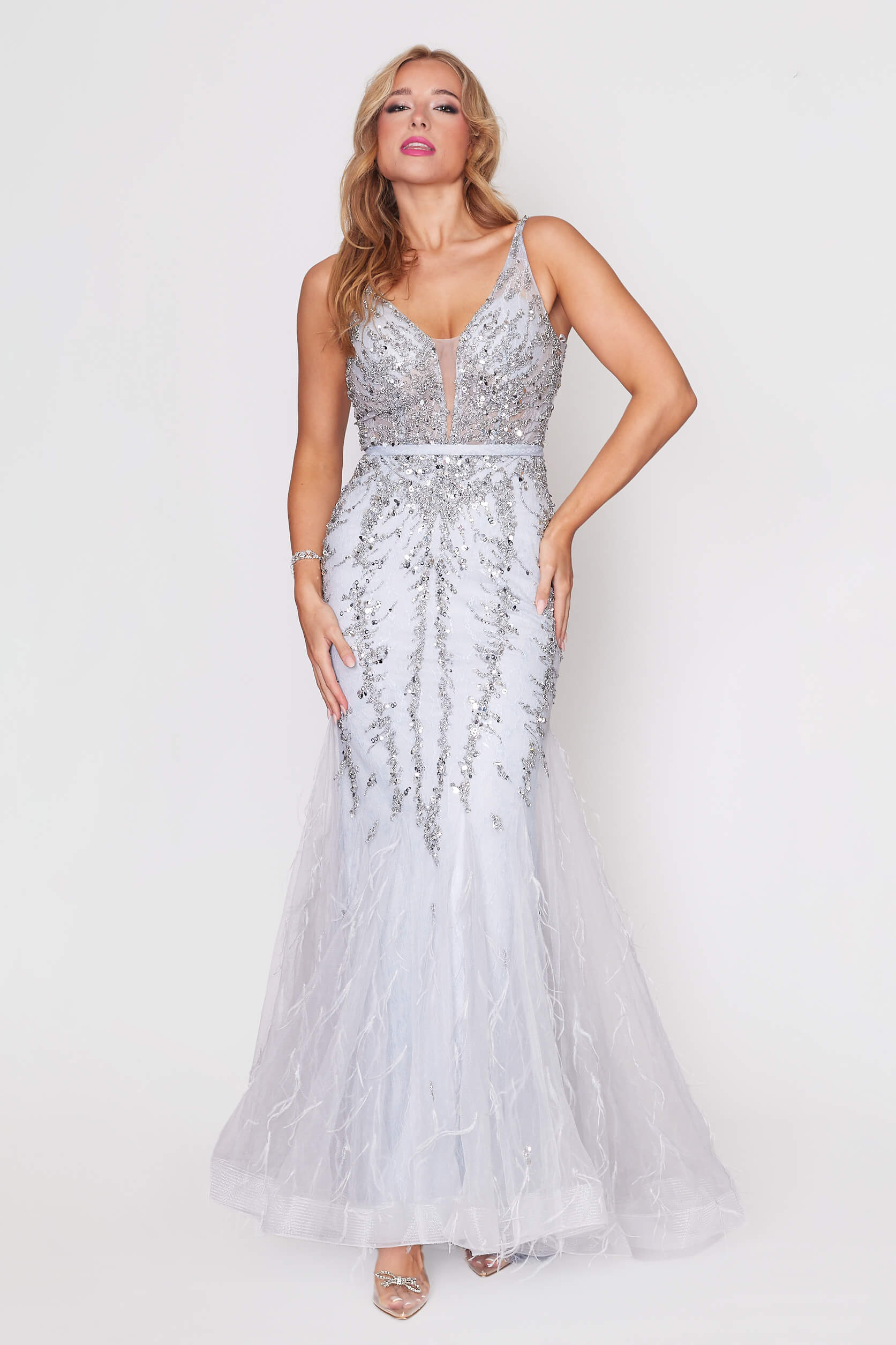 Silver Backless Beaded Tulle Dress with Detachable Cape