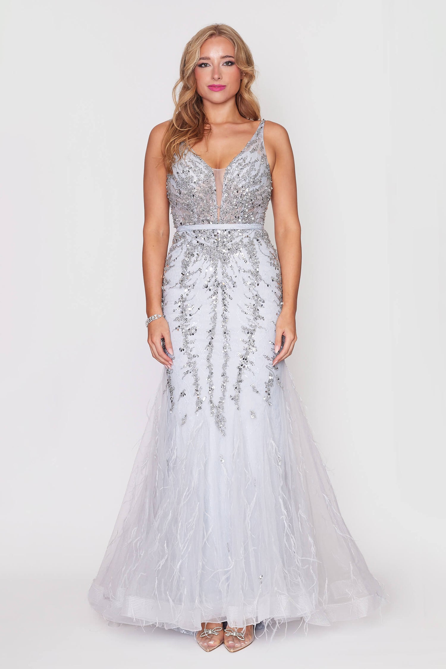 Silver Backless Beaded Tulle Dress with Detachable Cape