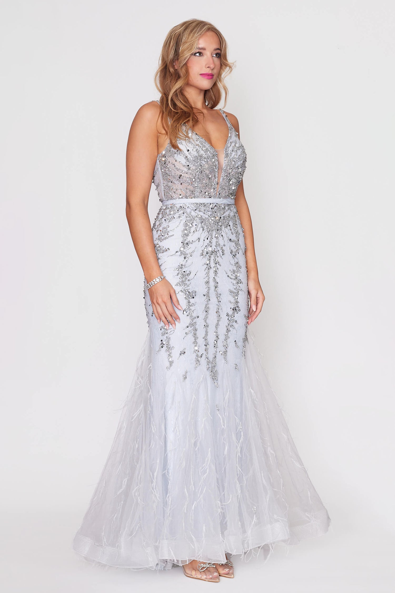 Silver Backless Beaded Tulle Dress with Detachable Cape