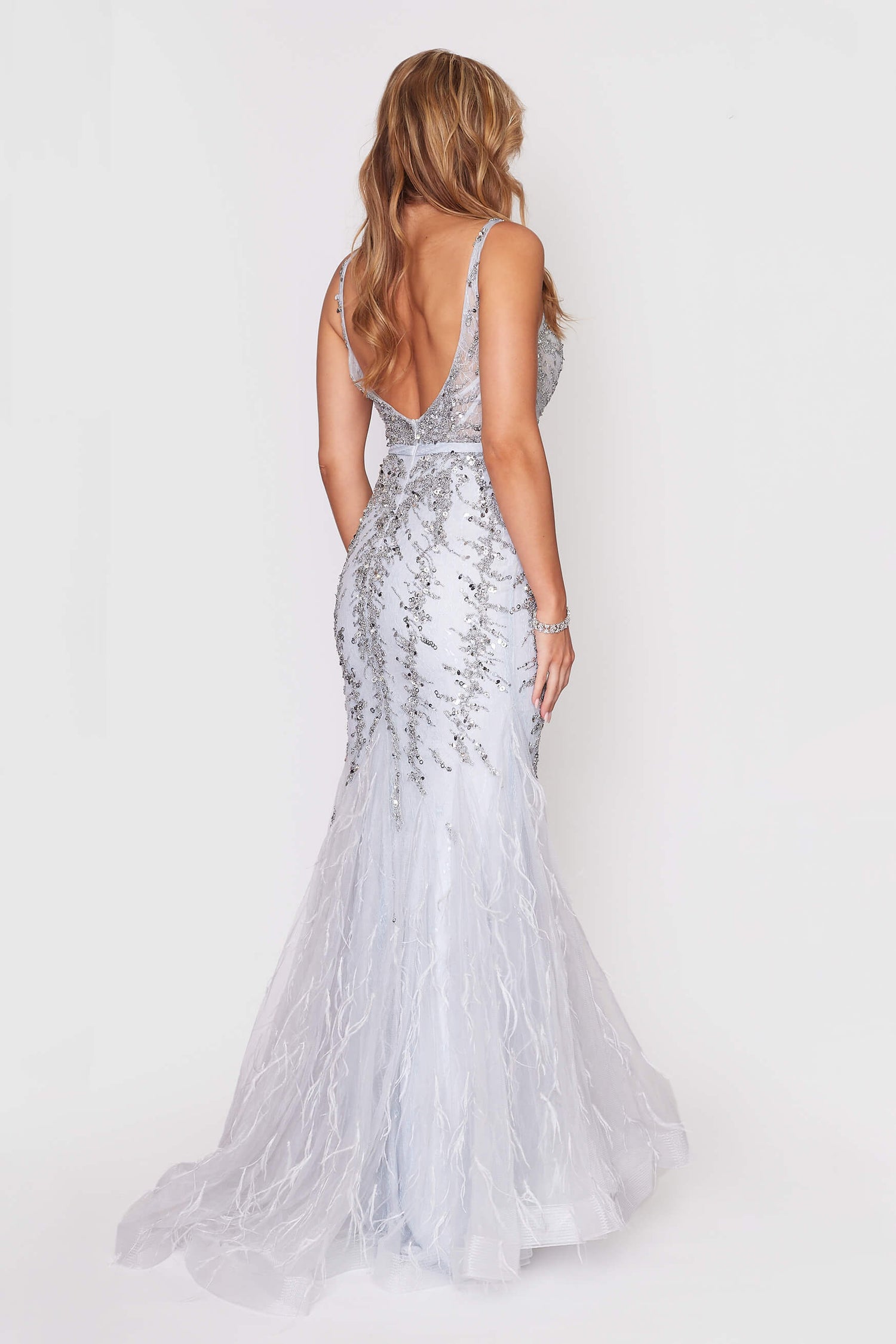 Silver Backless Beaded Tulle Dress with Detachable Cape