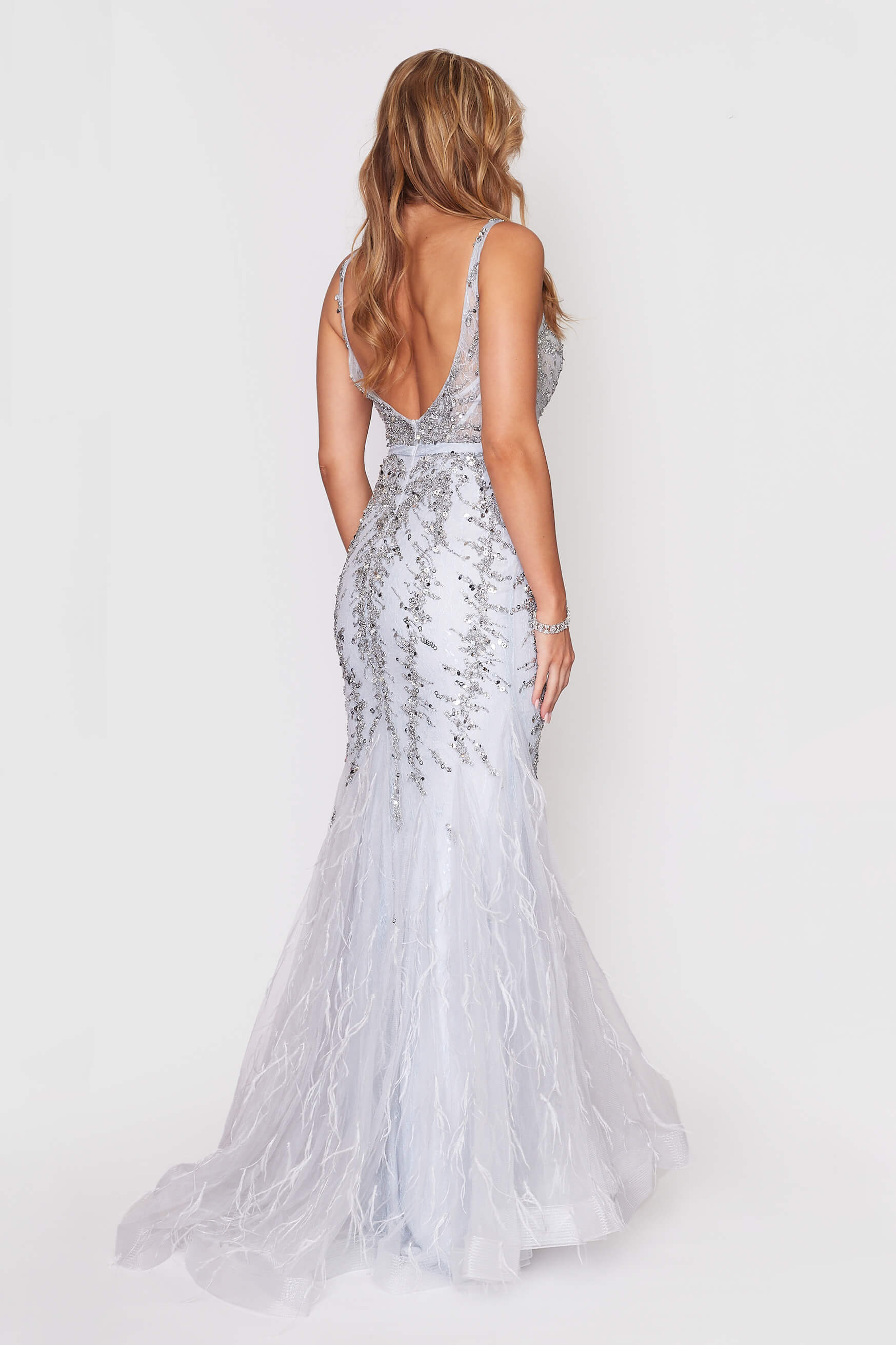 Silver Backless Beaded Tulle Dress with Detachable Cape