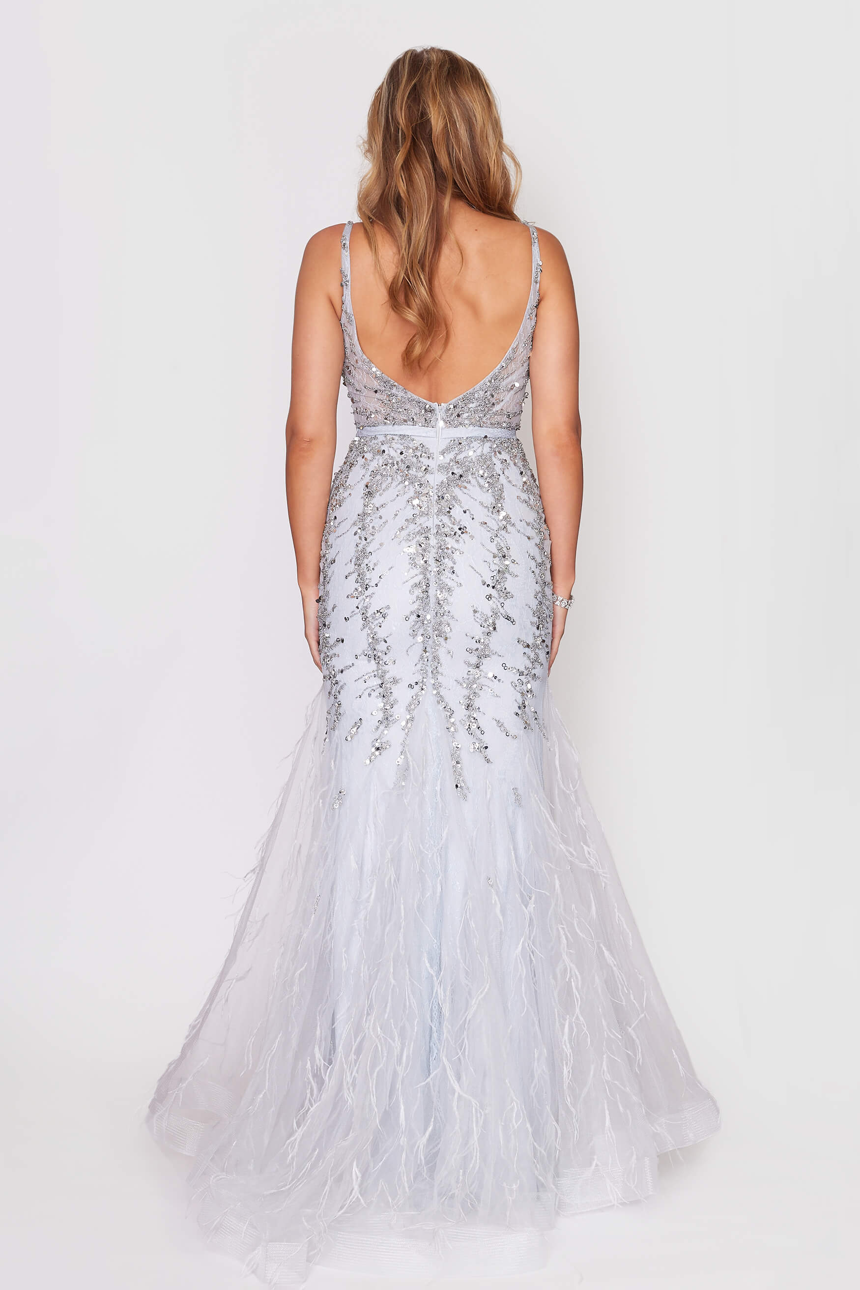Silver Backless Beaded Tulle Dress with Detachable Cape