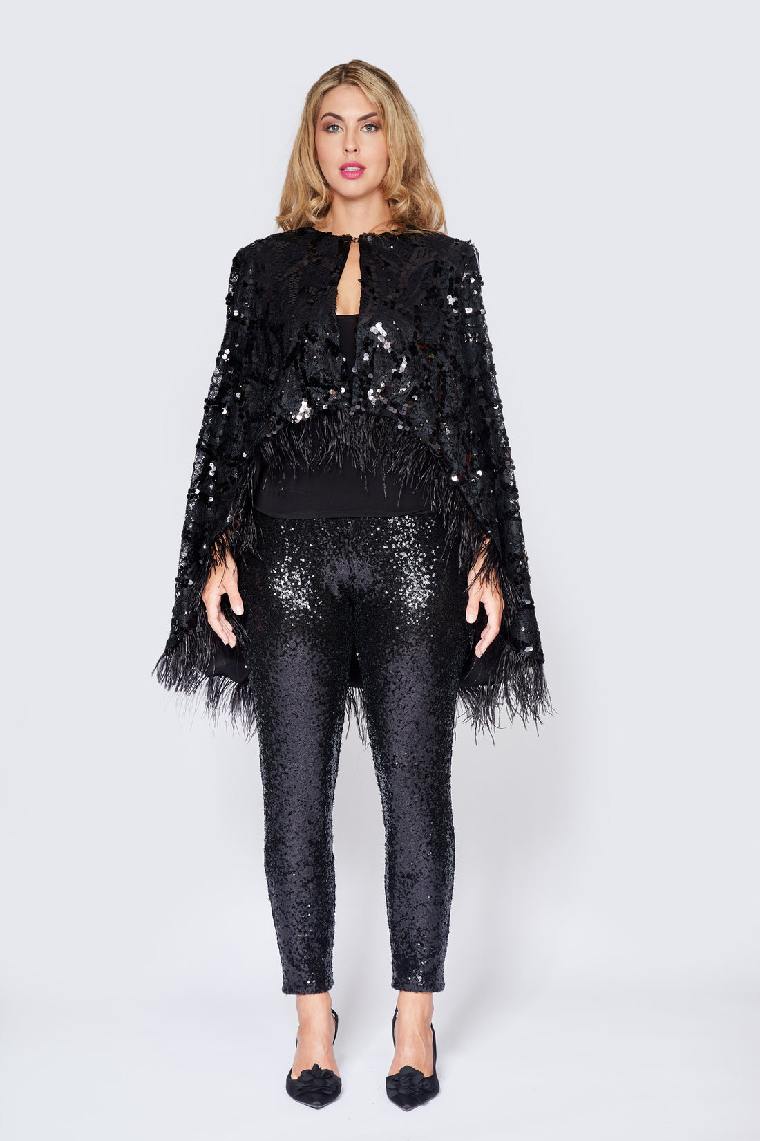 Black Sequin/Feather Cape