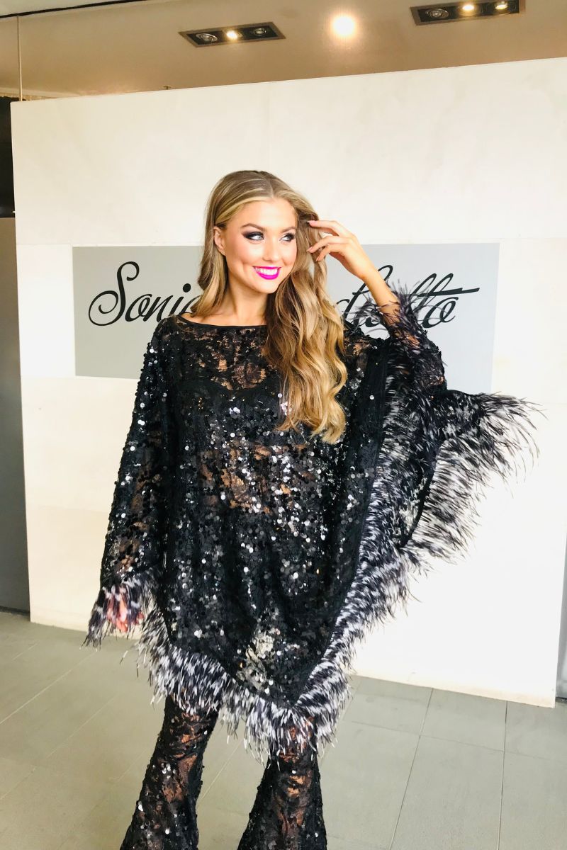 Sequin Feather Venetian Poncho Top