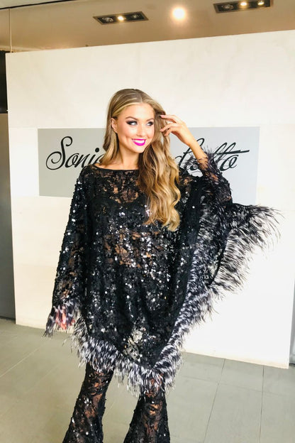 Sequin Feather Venetian Poncho Top